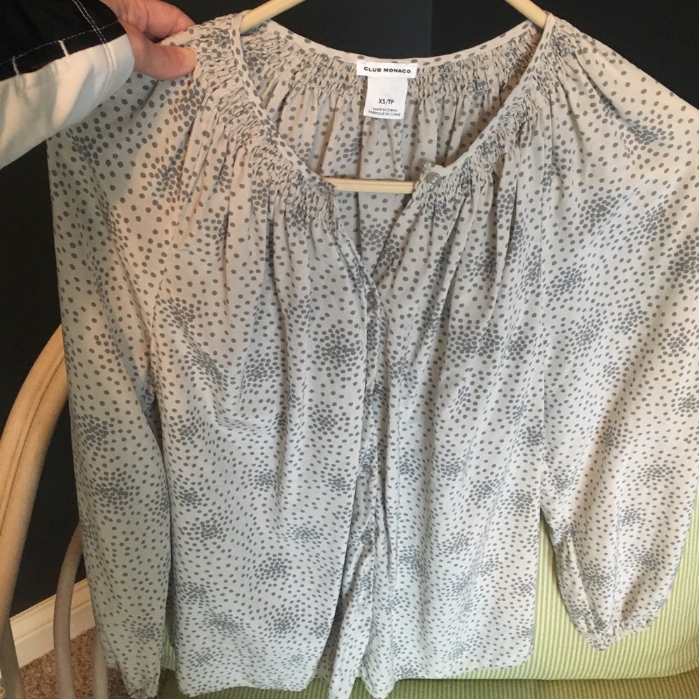 Club Monaco 100% Silk Button Down Blouse with Polka Dots